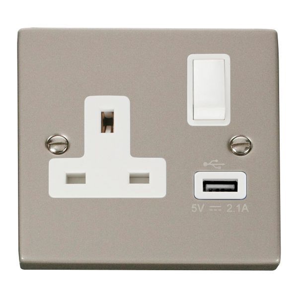 Click VPPN771WH Deco Pearl Nickel 1 Gang 13A 1x USB-A 2.1A Switched Socket - White Insert