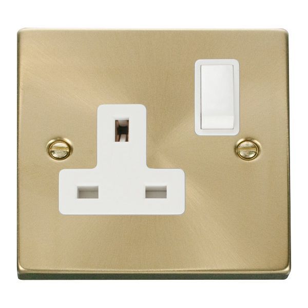 Click VPSB035WH Deco Satin Brass 1 Gang 13A 2 Pole Switched Socket - White Insert