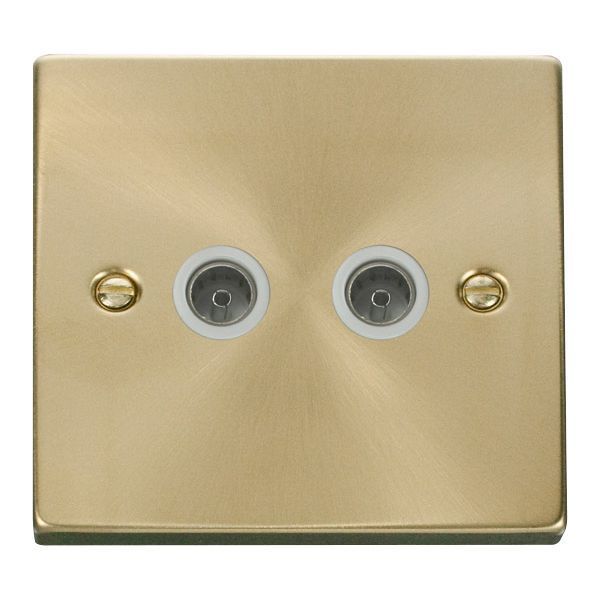 Click VPSB066WH Deco Satin Brass 2 Gang Non-Isolated Co-Axial Socket - White Insert