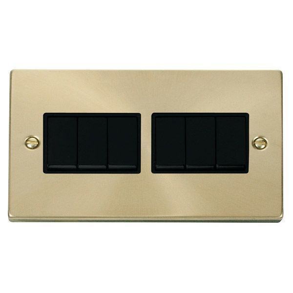 Click VPSB105BK Deco Satin Brass 6 Gang 10AX 2 Way Plate Switch - Black Insert