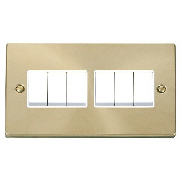 Click VPSB105WH Deco Satin Brass 6 Gang 10AX 2 Way Plate Switch - White Insert