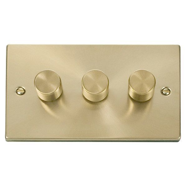Click VPSB153 Deco Satin Brass 3 Gang 400W-VA 2 Way Resistive-Inductive Dimmer Switch