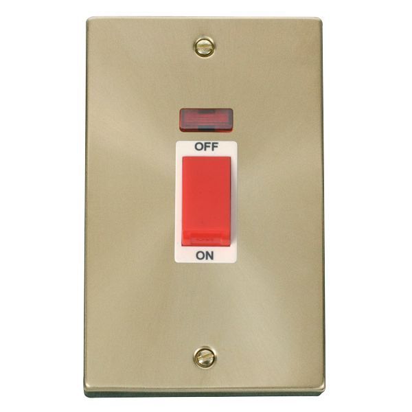 Click VPSB203WH Deco Satin Brass 2 Gang 45A 2 Pole Neon Switch - White Insert