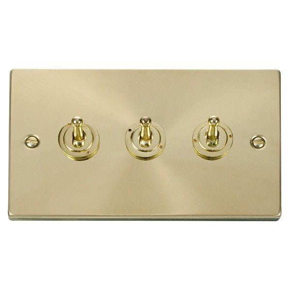 Click VPSB423 Deco Satin Brass 3 Gang 10AX 2 Way Dolly Toggle Switch