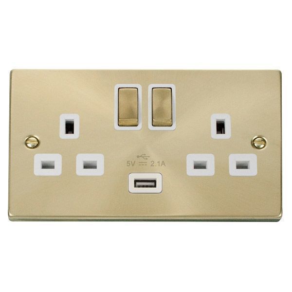 Click VPSB570WH Deco Satin Brass Ingot 2 Gang 13A 1x USB-A 2.1A Switched Socket - White Insert