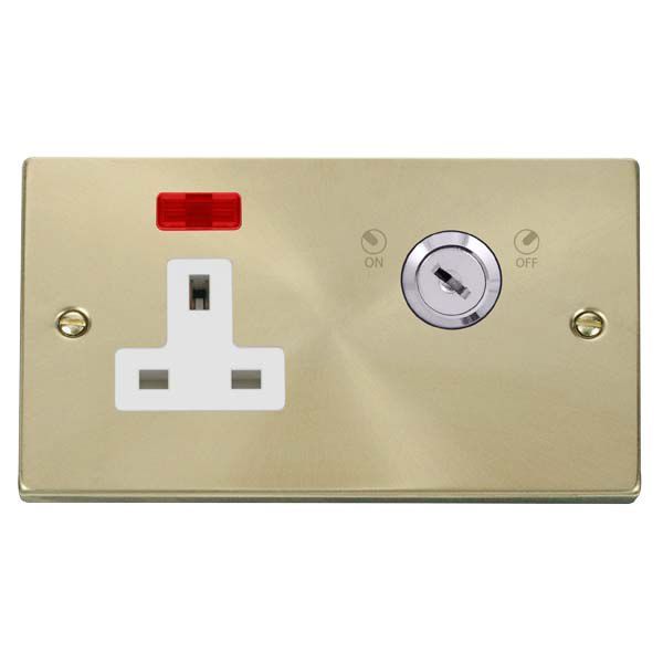 Click VPSB675WH Deco Satin Brass 1 Gang Double-Plate 13A 2 Pole Neon Lockable Socket - White Insert