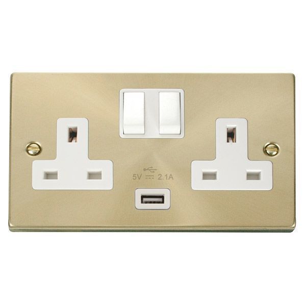 Click VPSB770WH Deco Satin Brass 2 Gang 13A 1x USB-A 2.1A Switched Socket - White Insert