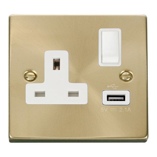 Click VPSB771WH Deco Satin Brass 1 Gang 13A 1x USB-A 2.1A Switched Socket - White Insert