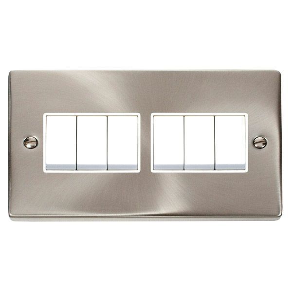 Click VPSC105WH Deco Satin Chrome 6 Gang 10AX 2 Way Plate Switch - White Insert