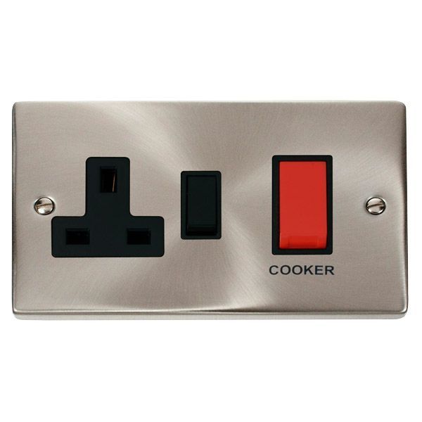 Click VPSC204BK Deco Satin Chrome 45A Cooker Switch Unit with 13A 2 Pole Switched Socket - Black Insert
