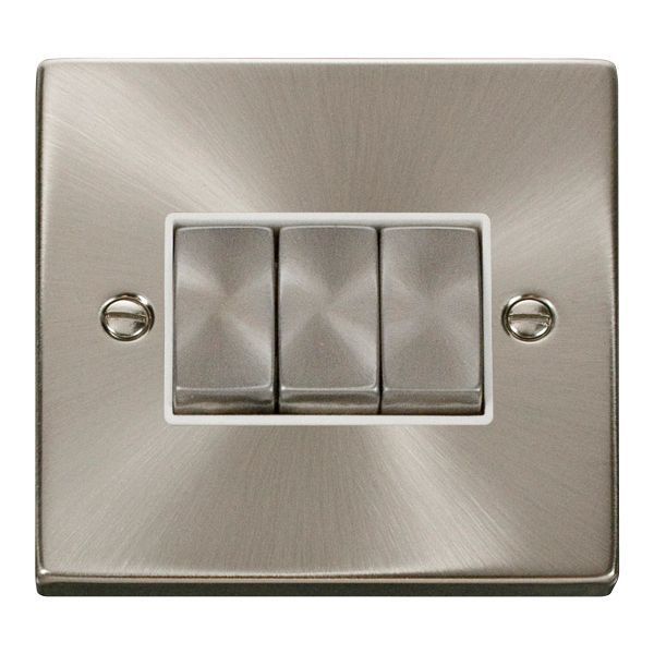 Click VPSC413WH Deco Satin Chrome Ingot 3 Gang 10AX 2 Way Plate Switch - White Insert