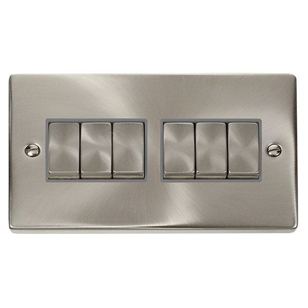 Click VPSC416GY Deco Satin Chrome Ingot 6 Gang 10AX 2 Way Plate Switch - Grey Insert