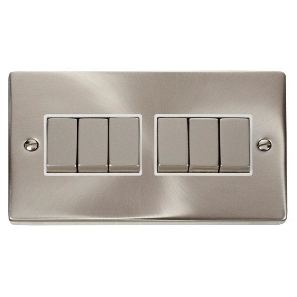 Click VPSC416WH Deco Satin Chrome Ingot 6 Gang 10AX 2 Way Plate Switch - White Insert