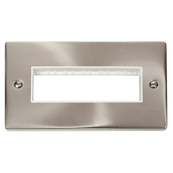 Click VPSC426WH MiniGrid Satin Chrome 2 Gang 6 In-Line Aperture Deco Unfurnished Front Plate - White Insert