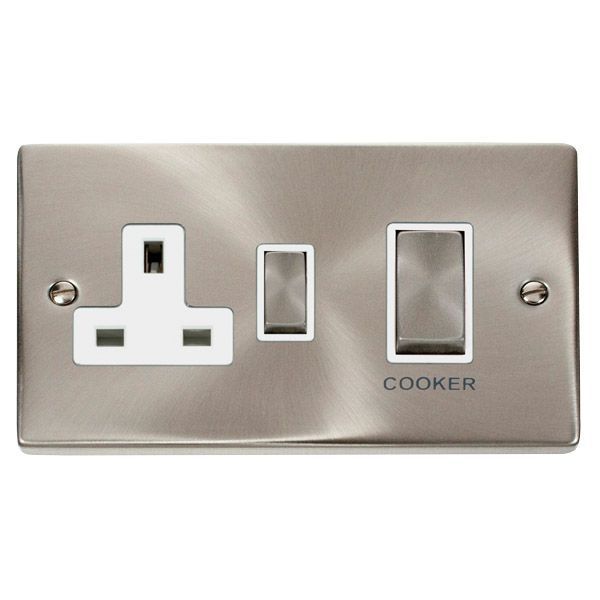 Click VPSC504WH Deco Satin Chrome Ingot 45A Cooker Switch Unit 13A 2 Pole Switched Socket - White Insert