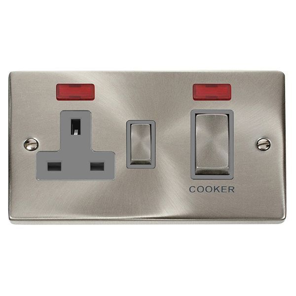 Click VPSC505GY Deco Satin Chrome Ingot 45A Cooker Switch Unit with 13A 2 Pole Neon Switched Socket - Grey Insert