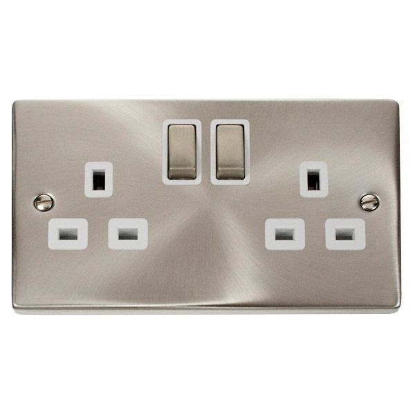 Click VPSC536WH Deco Satin Chrome Ingot 2 Gang 13A 2 Pole Switched Socket - White Insert
