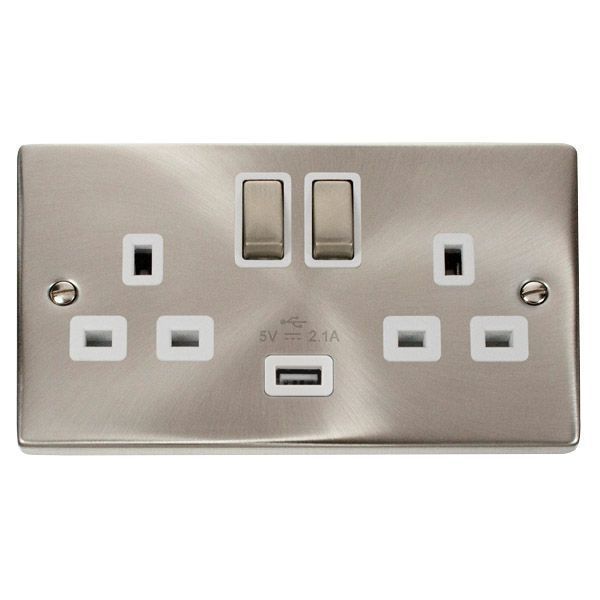 Click VPSC570WH Deco Satin Chrome Ingot 2 Gang 13A 1x USB-A 2.1A Switched Socket - White Insert