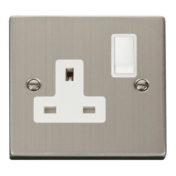 Click VPSS035WH Deco Stainless Steel 1 Gang 13A 2 Pole Switched Socket - White Insert
