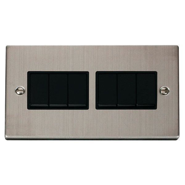 Click VPSS105BK Deco Stainless Steel 6 Gang 10AX 2 Way Plate Switch - Black Insert