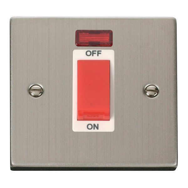 Click VPSS201WH Deco Stainless Steel 1 Gang 45A 2 Pole Neon Switch - White Insert