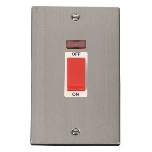 Click VPSS203WH Deco Stainless Steel 2 Gang 45A 2 Pole Neon Switch - White Insert