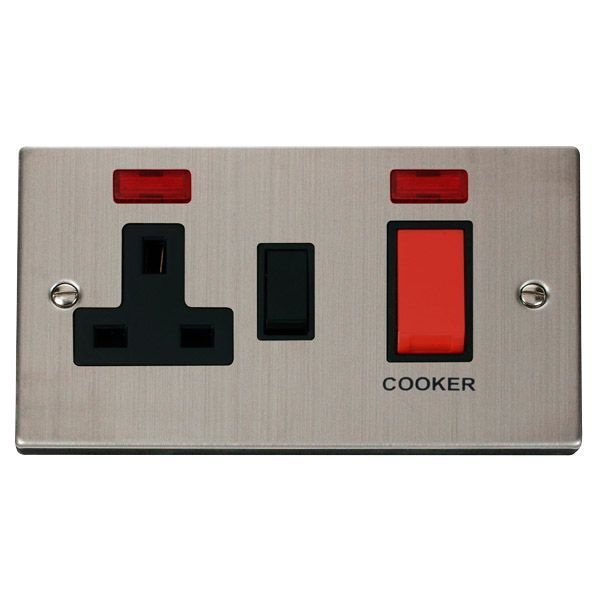 Click VPSS205BK Deco Stainless Steel 45A Cooker Switch Unit with 13A 2 Pole Neon Switched Socket - Black Insert