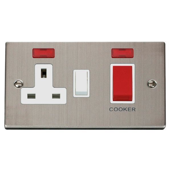 Click VPSS205WH Deco Stainless Steel 45A Cooker Switch Unit with 13A 2 Pole Neon Switched Socket - White Insert