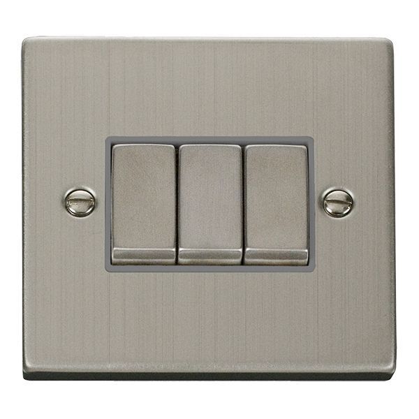 Click VPSS413GY Deco Stainless Steel Ingot 3 Gang 10AX 2 Way Plate Switch - Grey Insert