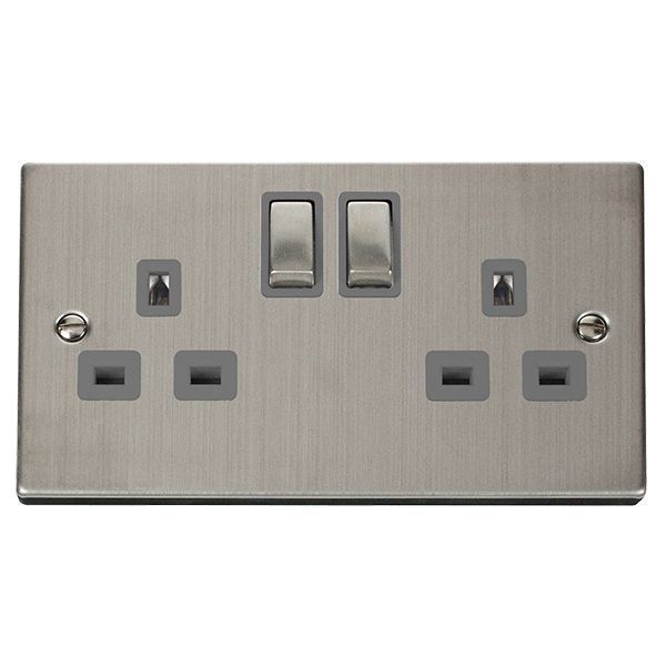 Click VPSS536GY Deco Stainless Steel Ingot 2 Gang 13A 2 Pole Switched Socket - Grey Insert