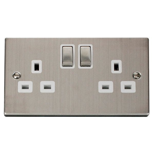 Click VPSS536WH Deco Stainless Steel Ingot 2 Gang 13A 2 Pole Switched Socket - White Insert