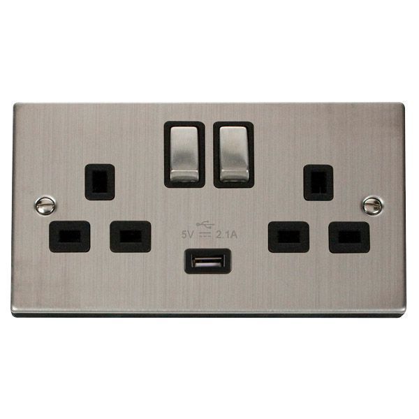 Click VPSS570BK Deco Stainless Steel Ingot 2 Gang 13A 1x USB-A 2.1A Switched Socket - Black Insert