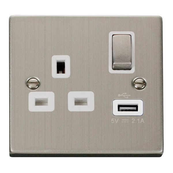 Click VPSS571WH Deco Stainless Steel Ingot 1 Gang 13A 1x USB-A 2.1A Switched Socket - White Insert