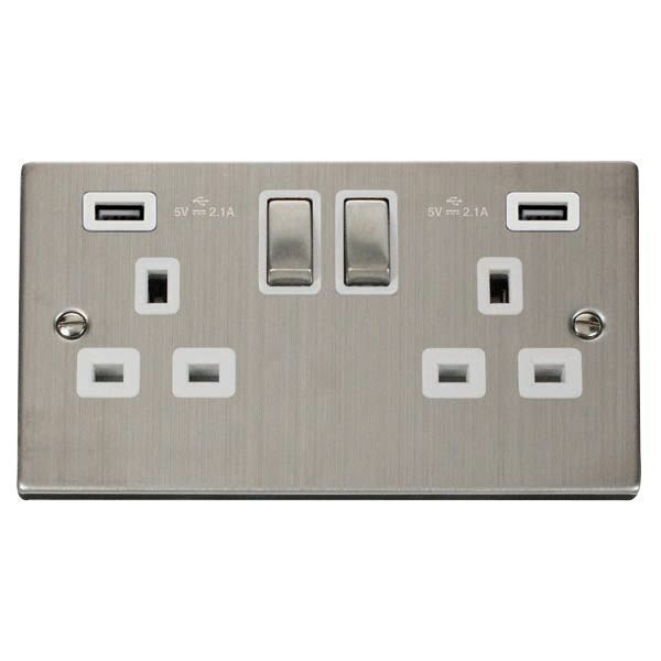Click VPSS580WH Deco Stainless Steel Ingot 2 Gang 13A 2x USB-A 4.2A Switched Socket - White Insert