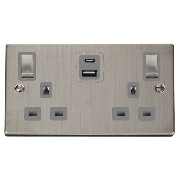 Click VPSS586GY Deco Stainless Steel Ingot 2 Gang 13A 1x USB-A 1x USB-C 4.2A Switched Socket - Grey Insert