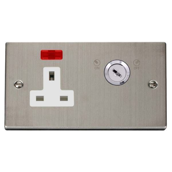 Click VPSS675WH Deco Stainless Steel 1 Gang Double-Plate 13A 2 Pole Neon Lockable Socket - White Insert
