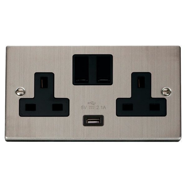 Click VPSS770BK Deco Stainless Steel 2 Gang 13A 1x USB-A 2.1A Switched Socket - Black Insert