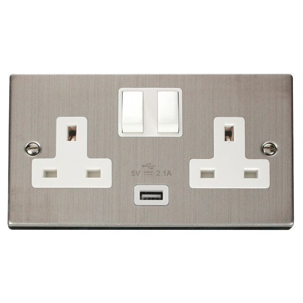 Click VPSS770WH Deco Stainless Steel 2 Gang 13A 1x USB-A 2.1A Switched Socket - White Insert