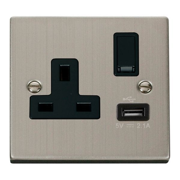 Click VPSS771BK Deco Stainless Steel 1 Gang 13A 1x USB-A 2.1A Switched Socket - Black Insert