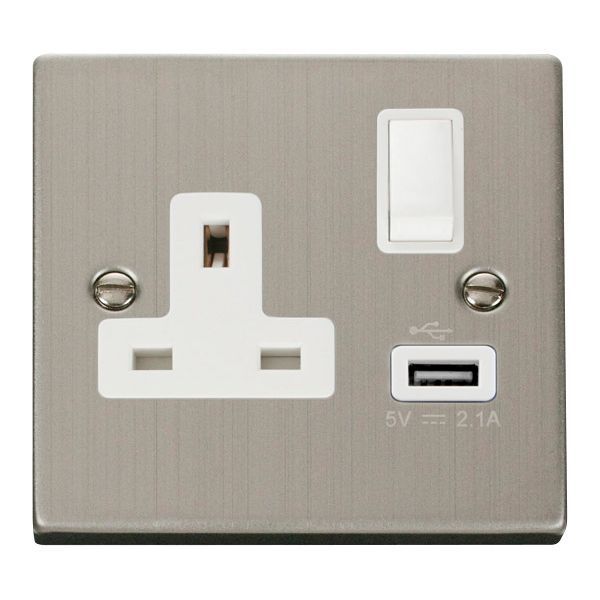 Click VPSS771WH Deco Stainless Steel 1 Gang 13A 1x USB-A 2.1A Switched Socket - White Insert