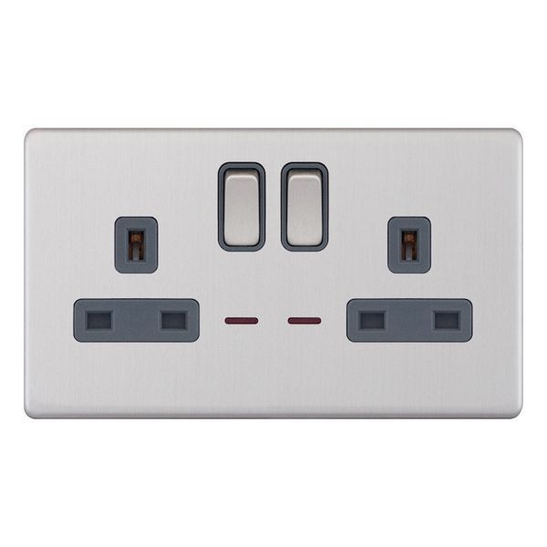 Selectric 5MPLUS-124 5M-PLUS Screwless Satin Chrome 2 Gang 13A 2 Pole Neon Switched Socket - Grey Insert
