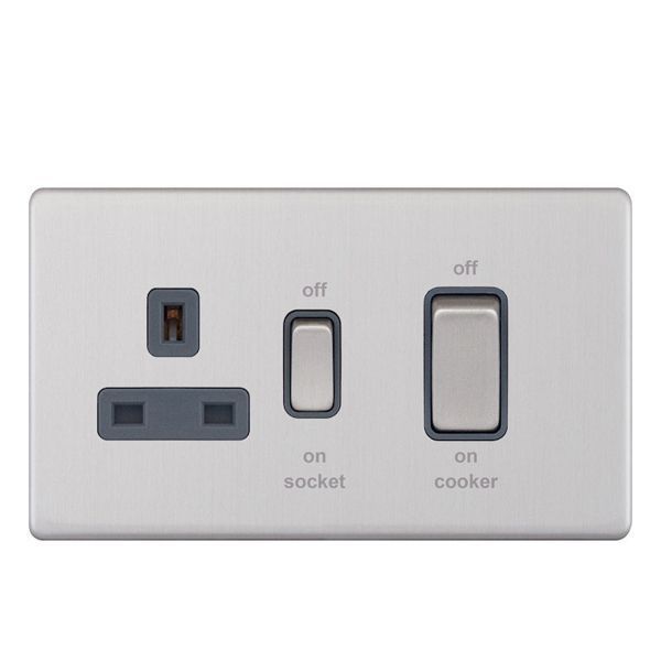 Selectric 5MPLUS-149 5M-PLUS Screwless Satin Chrome 45A Cooker Unit 13A Switched Socket - Grey Insert