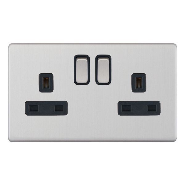 Selectric 5MPLUS-222 5M-PLUS Screwless Satin Chrome 2 Gang 13A 2 Pole 2 Earth Terminal Switched Socket - Black Insert