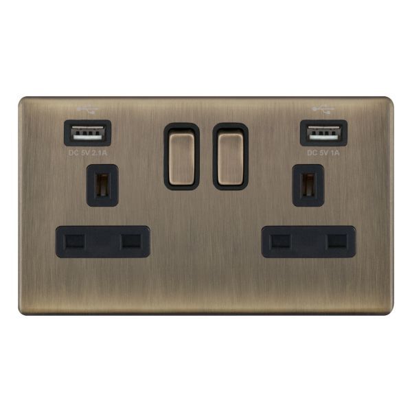 Selectric 5MPLUS-661 5M-PLUS Screwless Antique Brass 2 Gang 13A 1 Pole 2x USB-A 3.1A Switched Socket