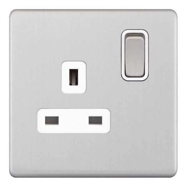 Selectric 5MPLUS-721 5M-PLUS Screwless Satin Chrome 1 Gang 13A 2 Pole Switched Socket - White Insert