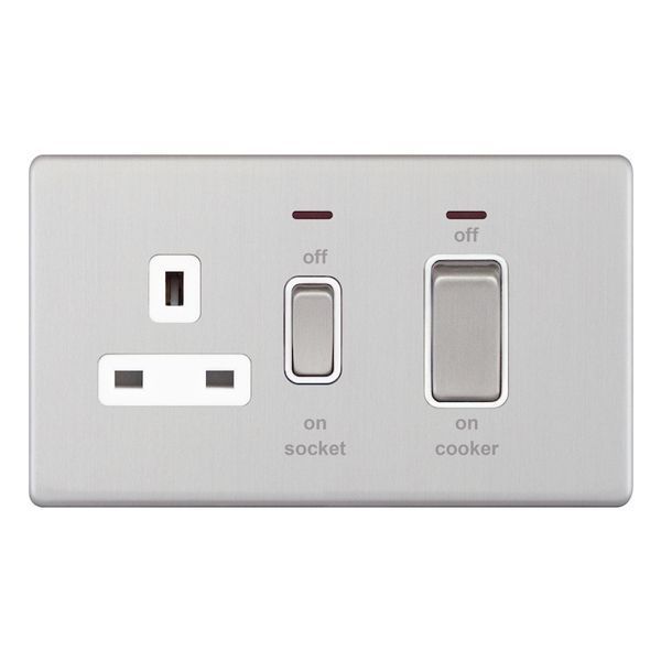 Selectric 5MPLUS-731 5M-PLUS Screwless Satin Chrome 45A Cooker Unit 13A Neon Switched Socket - White Insert