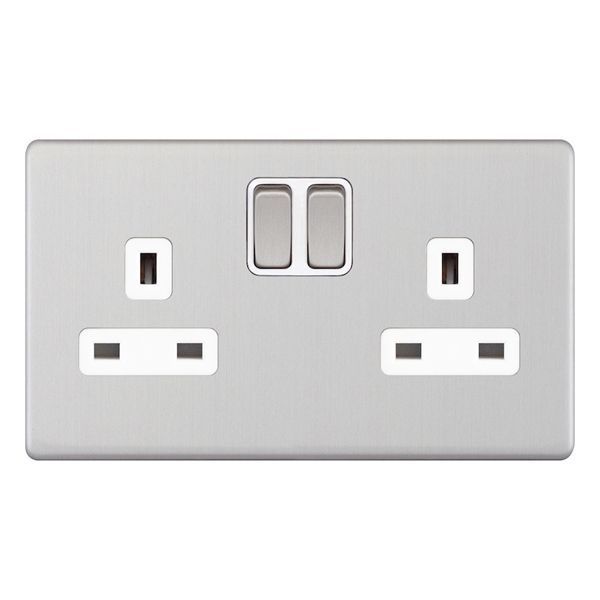Selectric 5MPLUS-751 5M-PLUS Screwless Satin Chrome 2 Gang 13A 1 Pole Switched Socket - White Insert