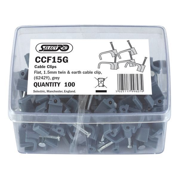 Selectric CCF15G 100 Pack Grey 1.5mm 6242Y Flat Twin and Earth Cable Clips (100 Pack, 0.01 each)