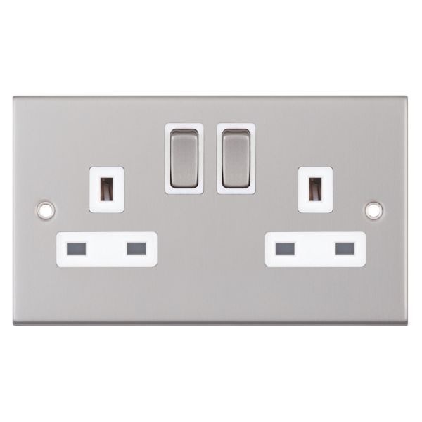 Selectric DSL122 5M Satin Chrome 2 Gang 13A 2 Pole 2 Earth Terminal Switched Socket - White Insert