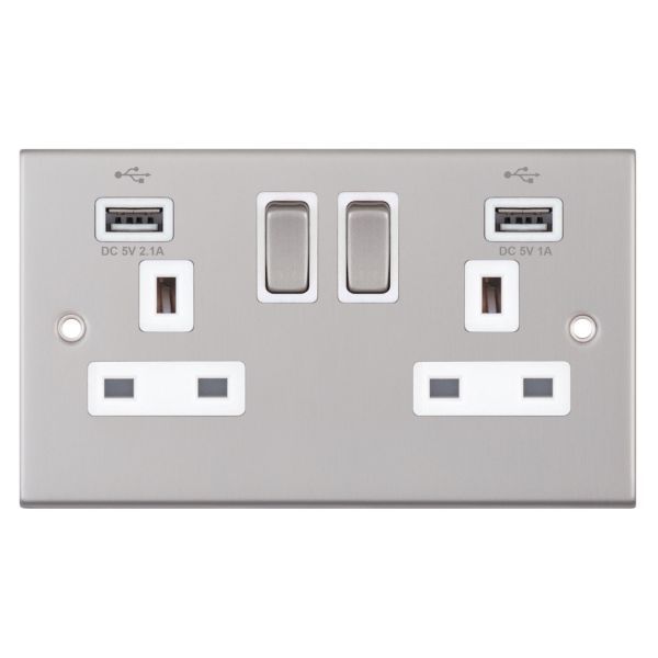 Selectric DSL161 5M Satin Chrome 2 Gang 13A 2x USB-A 2.1A Switched Socket - White Insert